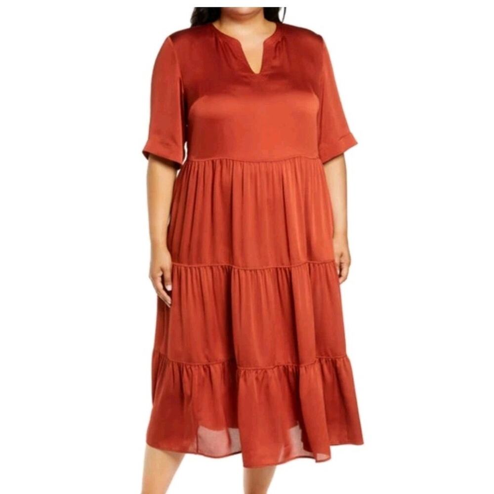 Lafayette 148 Selma Tiered Dress Chili‎ Red A-line Midi Dress NWT Size Large
